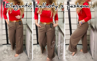 Elegantní kalhoty s páskem - hnědé