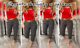 Elegantní kalhoty s páskem - šedé